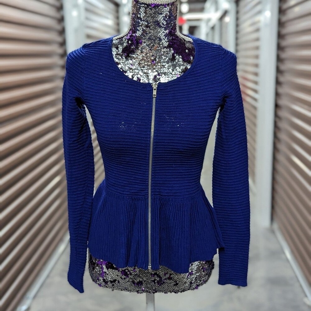 INC XS Blue Ribbed Peplum Sweater with Zipper